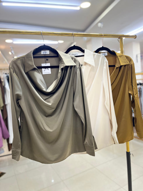 Collar Cowl Neckline Long Sleeves satin Tops